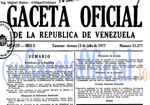 Gaceta Oficial 31277 del 15 Julio 1977