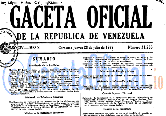 Gaceta Oficial 31285 del 28 Julio 1977