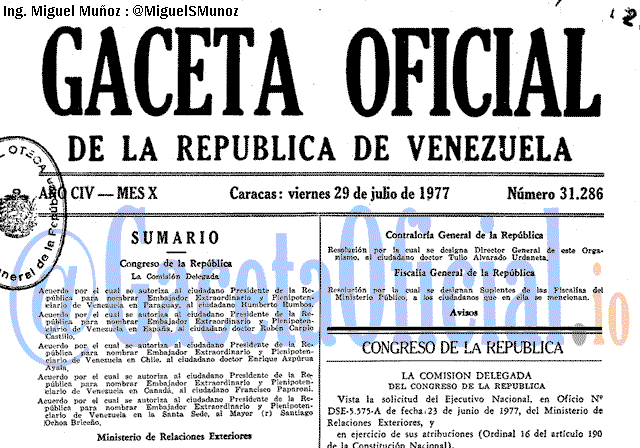 Gaceta Oficial 31286 del 29 Julio 1977