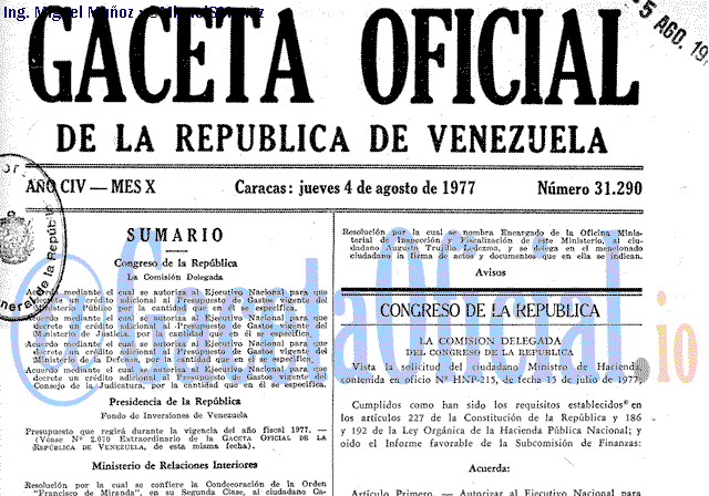 Gaceta Oficial 31290 del 4 Agosto 1977