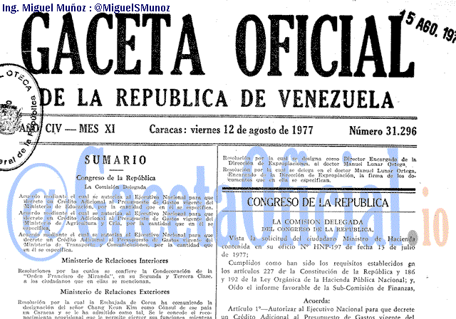 Gaceta Oficial 31296 del 12 Agosto 1977