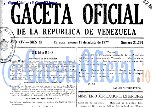 Gaceta Oficial 31301 del 19 Agosto 1977