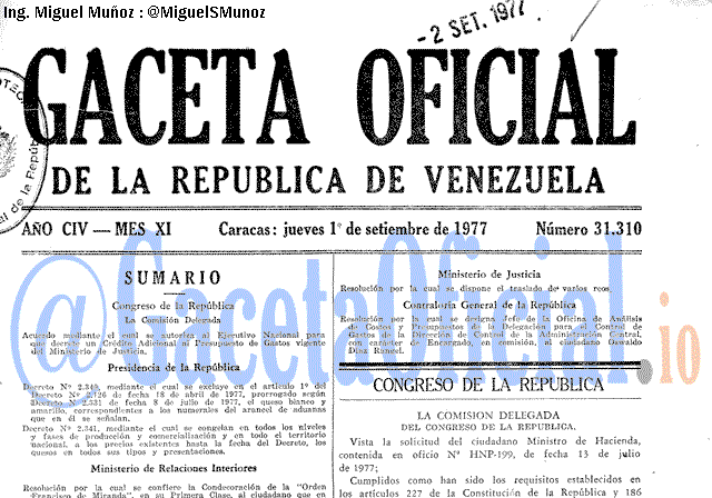 Gaceta Oficial 31310 del 1 Septiembre 1977