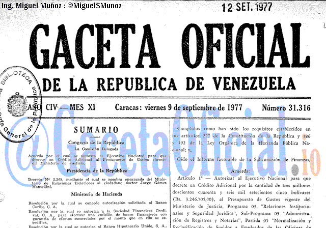 Gaceta Oficial 31316 del 9 Septiembre 1977