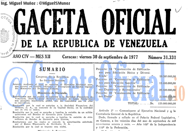 Gaceta Oficial 31331 del 30 Septiembre 1977