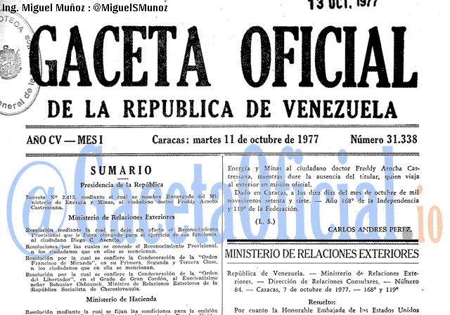 Gaceta Oficial 31338 del 11 Octubre 1977