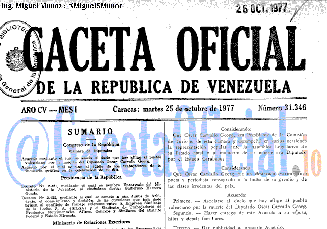 Gaceta Oficial 31346 del 25 Octubre 1977