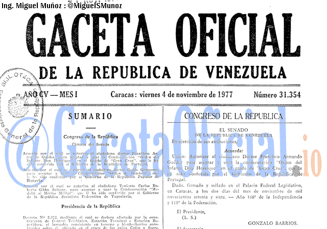 Gaceta Oficial 31354 del 4 Noviembre 1977