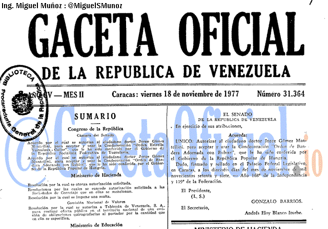 Gaceta Oficial 31364 del 18 Noviembre 1977