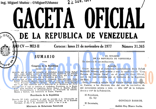 Gaceta Oficial 31365 del 21 Noviembre 1977