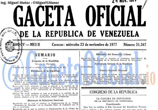 Gaceta Oficial 31367 del 23 Noviembre 1977