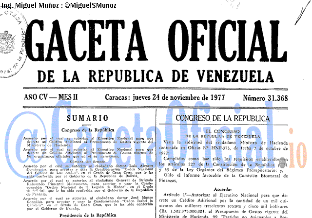 Gaceta Oficial 31368 del 24 Noviembre 1977