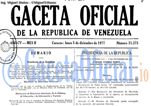 Gaceta Oficial 31375 del 5 Diciembre 1977