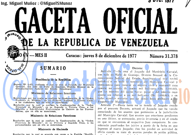 Gaceta Oficial 31378 del 8 Diciembre 1977