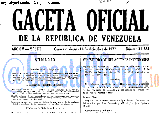 Gaceta Oficial 31384 del 16 Diciembre 1977