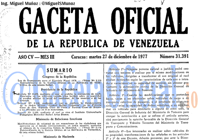 Gaceta Oficial 31391 del 27 Diciembre 1977
