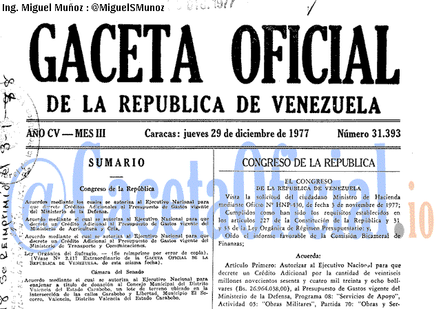 Gaceta Oficial 31393 del 29 Diciembre 1977