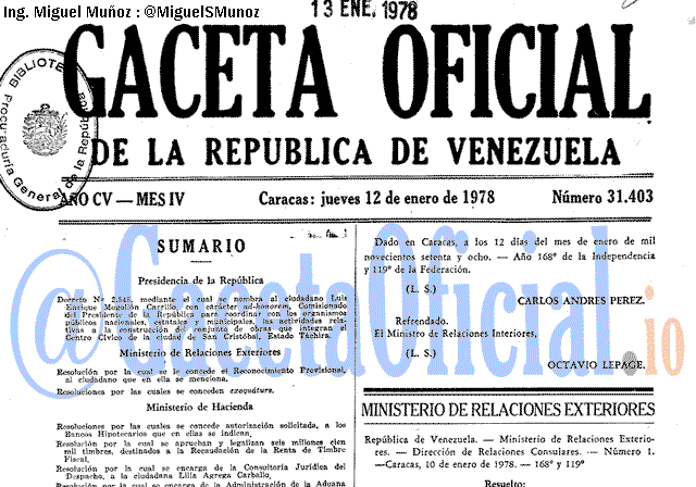 Gaceta Oficial 31403 del 12 Enero 1978