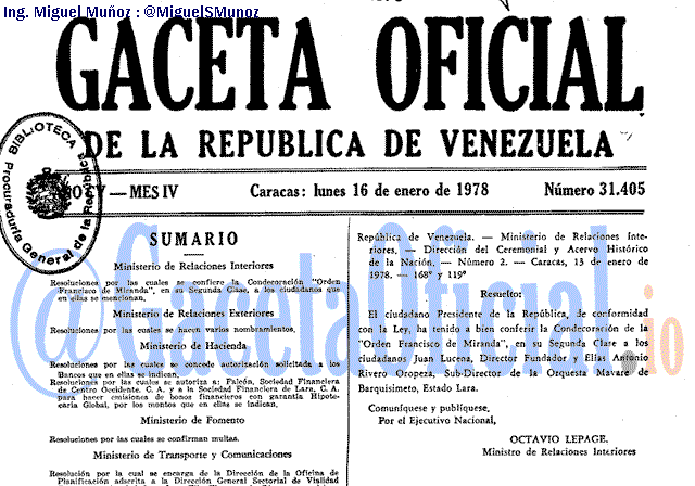 Gaceta Oficial 31405 del 16 Enero 1978