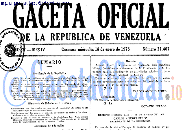 Gaceta Oficial 31407 del 18 Enero 1978