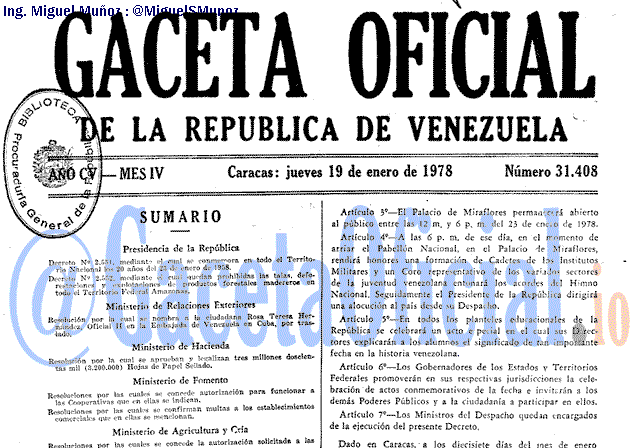 Gaceta Oficial 31408 del 19 Enero 1978
