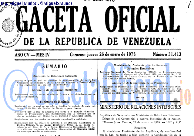 Gaceta Oficial 31413 del 26 Enero 1978