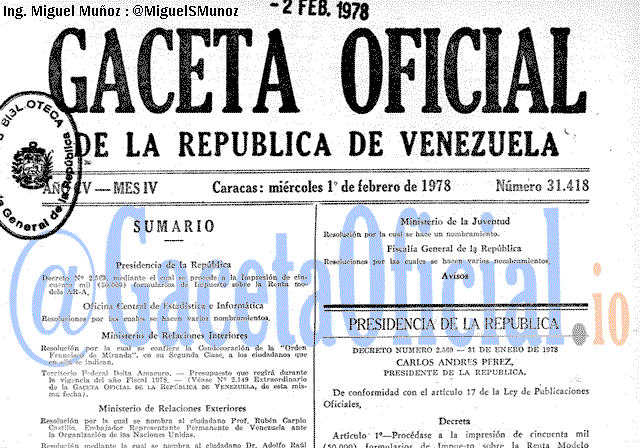 Gaceta Oficial 31418 del 1 Febrero 1978