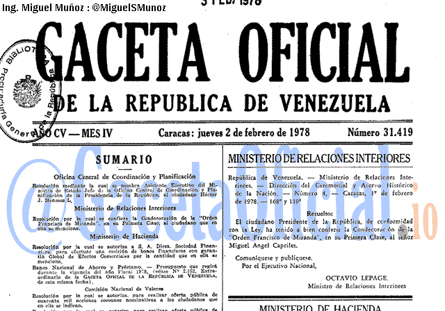 Gaceta Oficial 31419 del 2 Febrero 1978