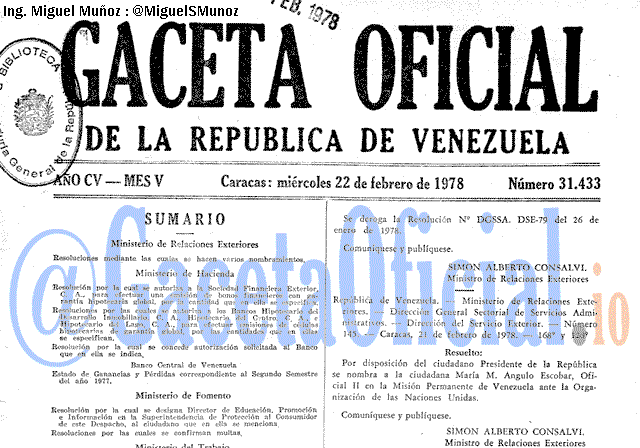 Gaceta Oficial 31433 del 22 Febrero 1978