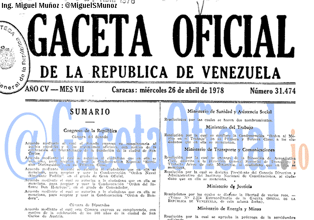 Gaceta Oficial 31474 del 26 Abril 1978