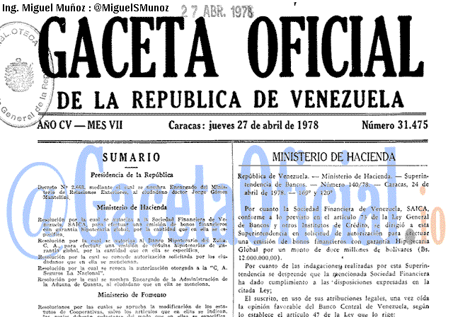 Gaceta Oficial 31475 del 27 Abril 1978