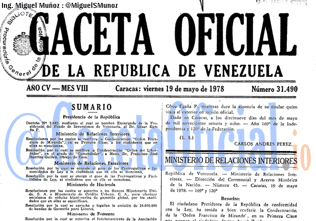 Gaceta Oficial 31490 del 19 Mayo 1978