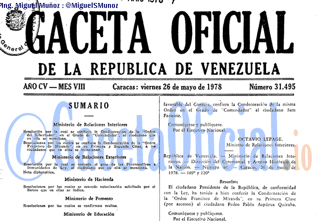 Gaceta Oficial 31495 del 26 Mayo 1978