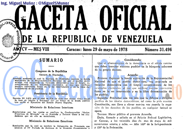 Gaceta Oficial 31496 del 29 Mayo 1978