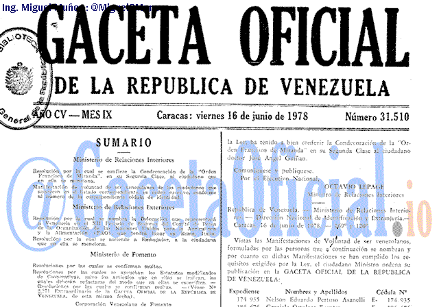 Gaceta Oficial 31510 del 16 Junio 1978