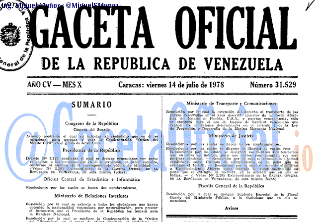 Gaceta Oficial 31529 del 14 Julio 1978