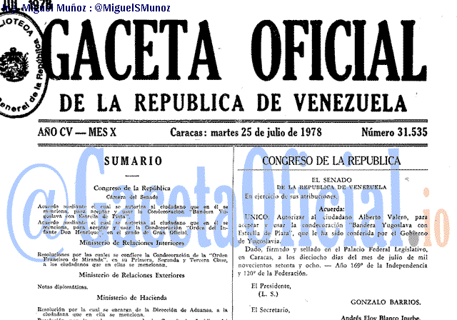 Gaceta Oficial 31535 del 25 Julio 1978