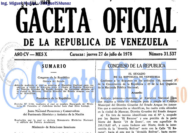 Gaceta Oficial 31537 del 27 Julio 1978