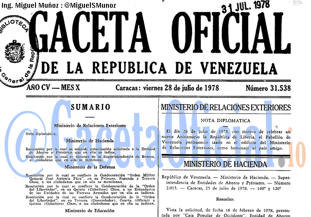 Gaceta Oficial 31538 del 28 Julio 1978