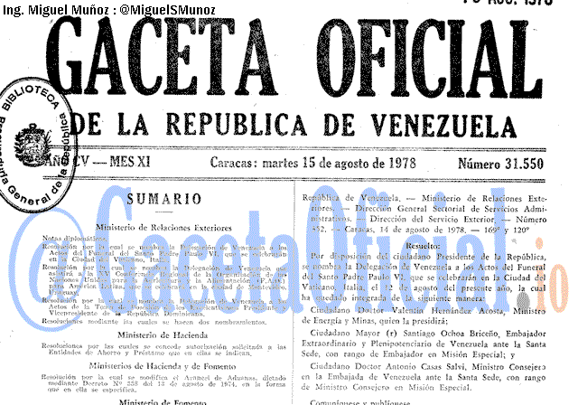Gaceta Oficial 31550 del 15 Agosto 1978
