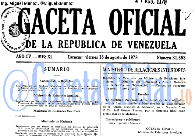 Gaceta Oficial 31553 del 18 Agosto 1978