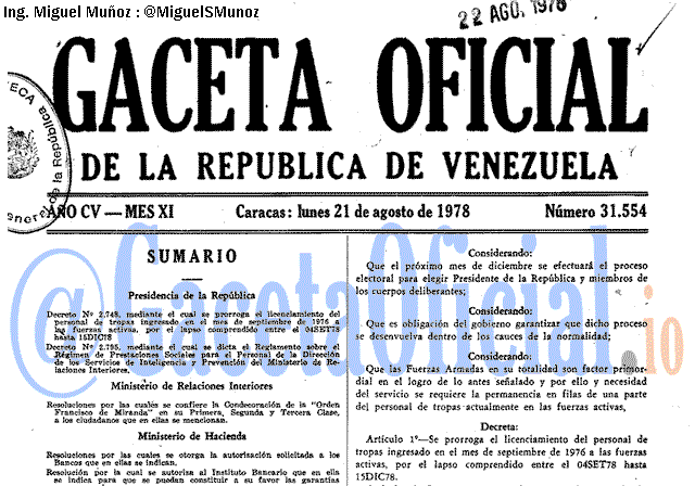 Gaceta Oficial 31554 del 21 Agosto 1978