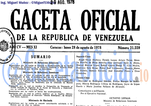 Gaceta Oficial 31559 del 28 Agosto 1978
