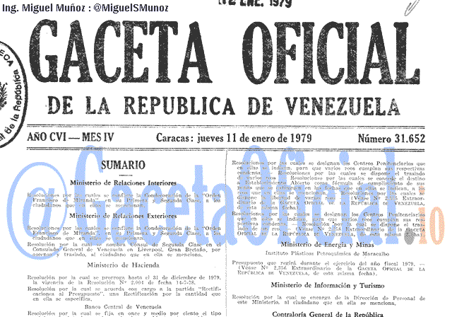 Gaceta Oficial 31652 del 11 Enero 1979