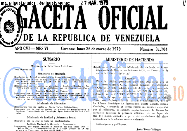 Gaceta Oficial 31704 del 26 Marzo 1979