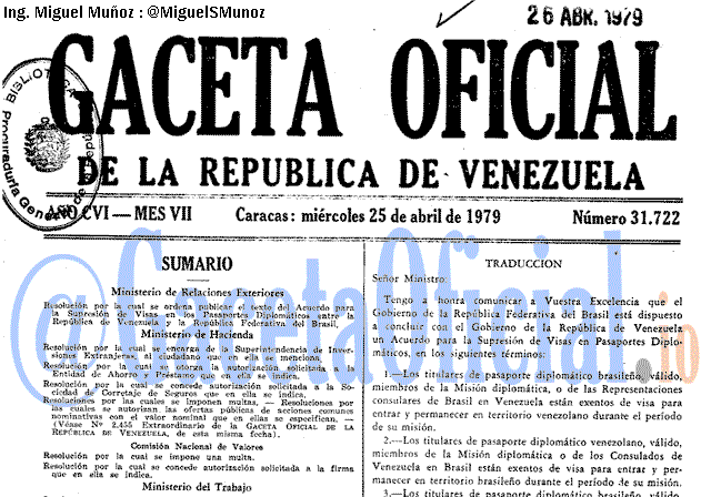 Gaceta Oficial 31722 del 25 Abril 1979