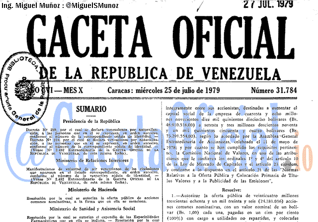 Gaceta Oficial 31784 del 25 Julio 1979