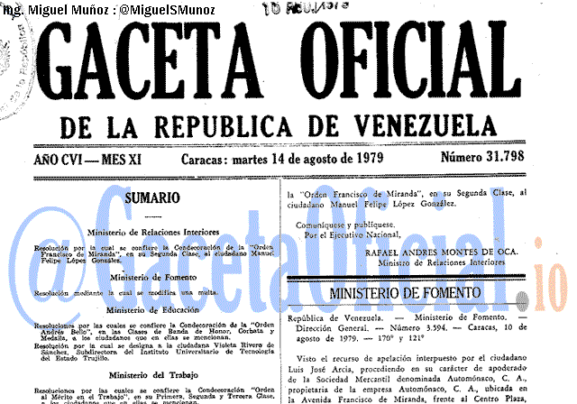 Gaceta Oficial 31798 del 14 Agosto 1979