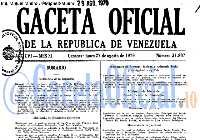 Gaceta Oficial 31807 del 27 Agosto 1979