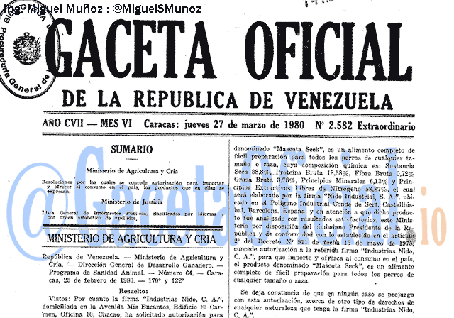 Gaceta Oficial 2582 del 27 Marzo 1980